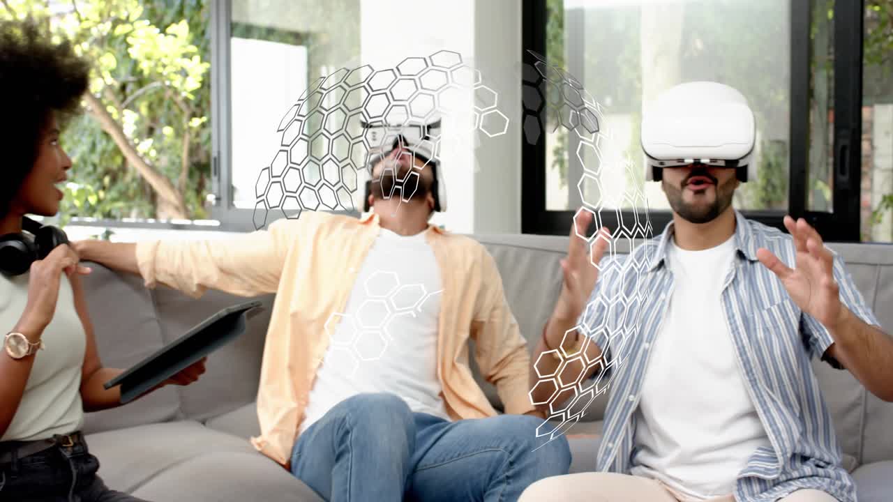 Center man accepting headset, others fitting VR, hex overlay appearing, testing, tablet guiding