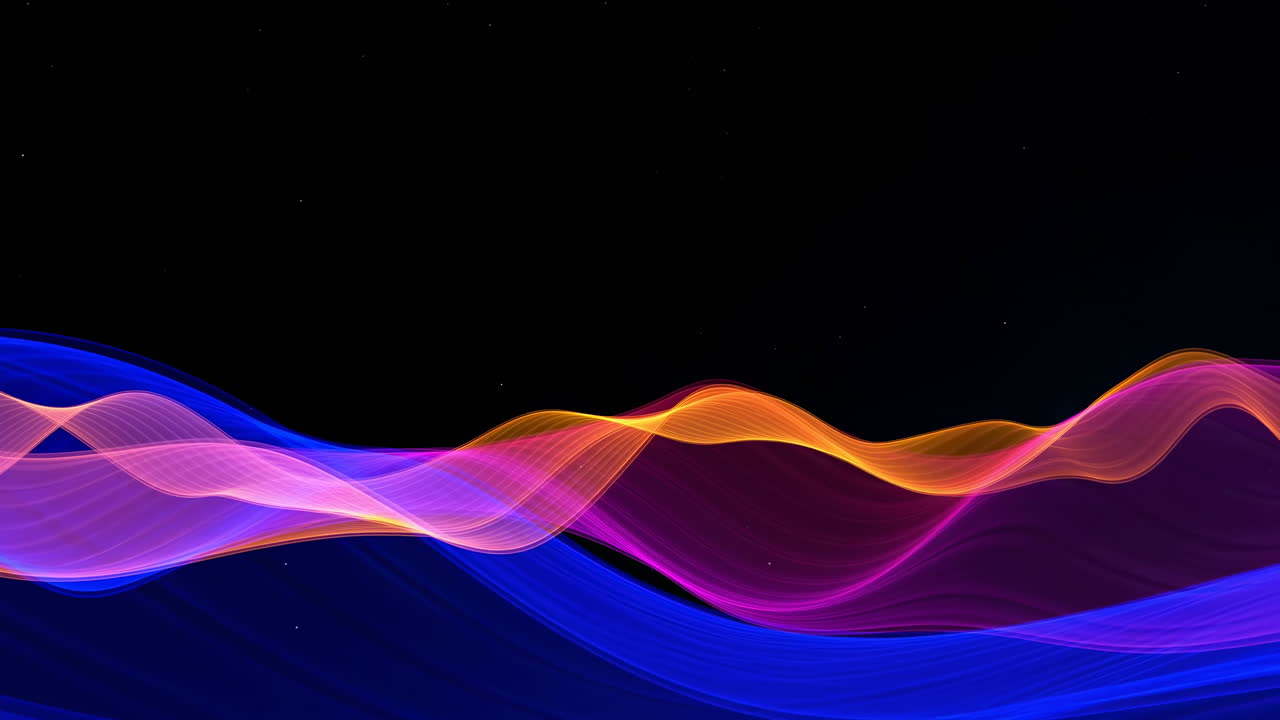 Neon Ribbon Waves On Black Background, Flowing Multicolor Ribbons In Magenta Orange And Electric Blue, Smooth
