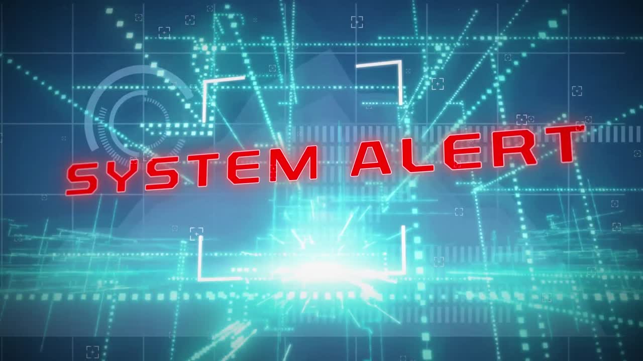 Animation of cyber attack warning text over data processing