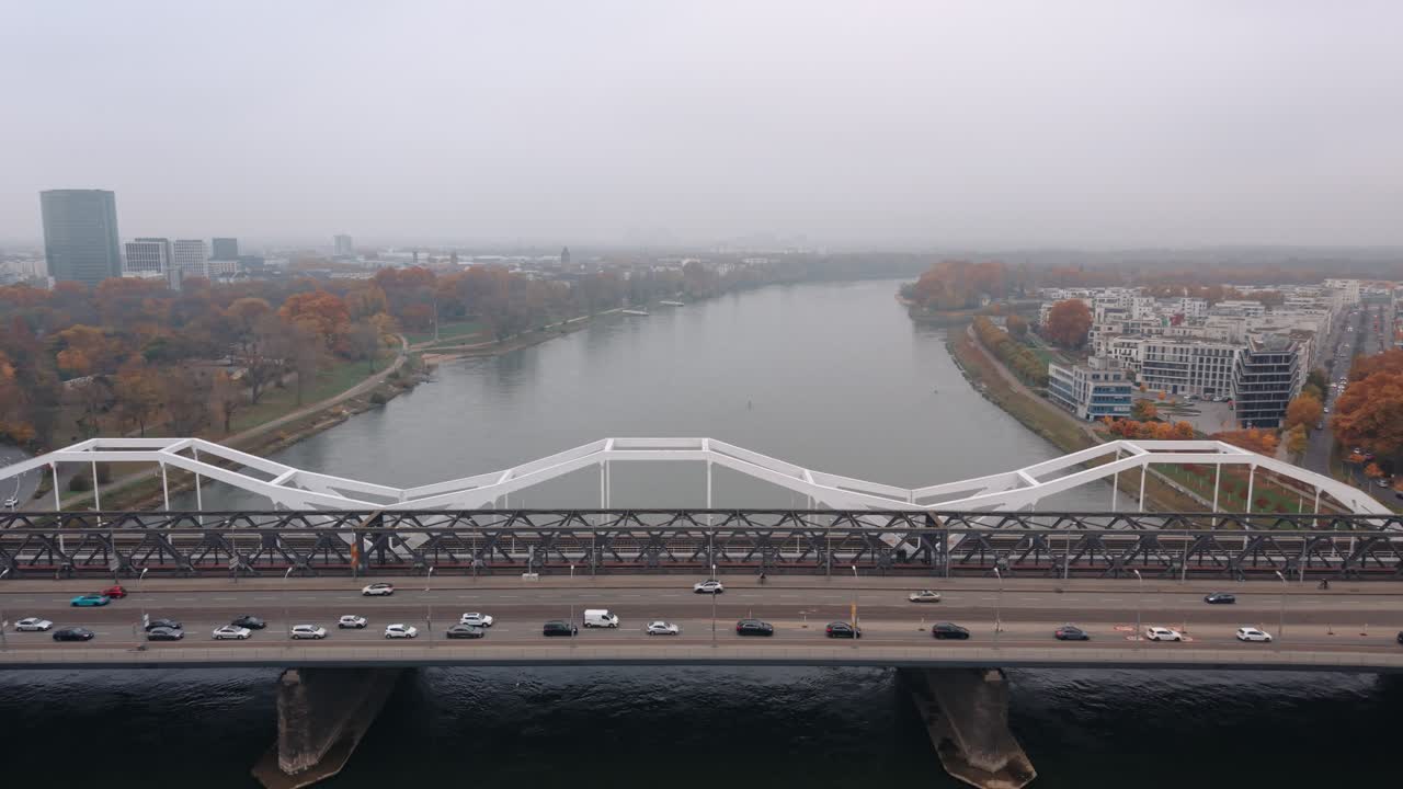 Dramatic Aerial Crane Shot over Rheinbrücke in Mannheim Germany on a Misty Autumn Day