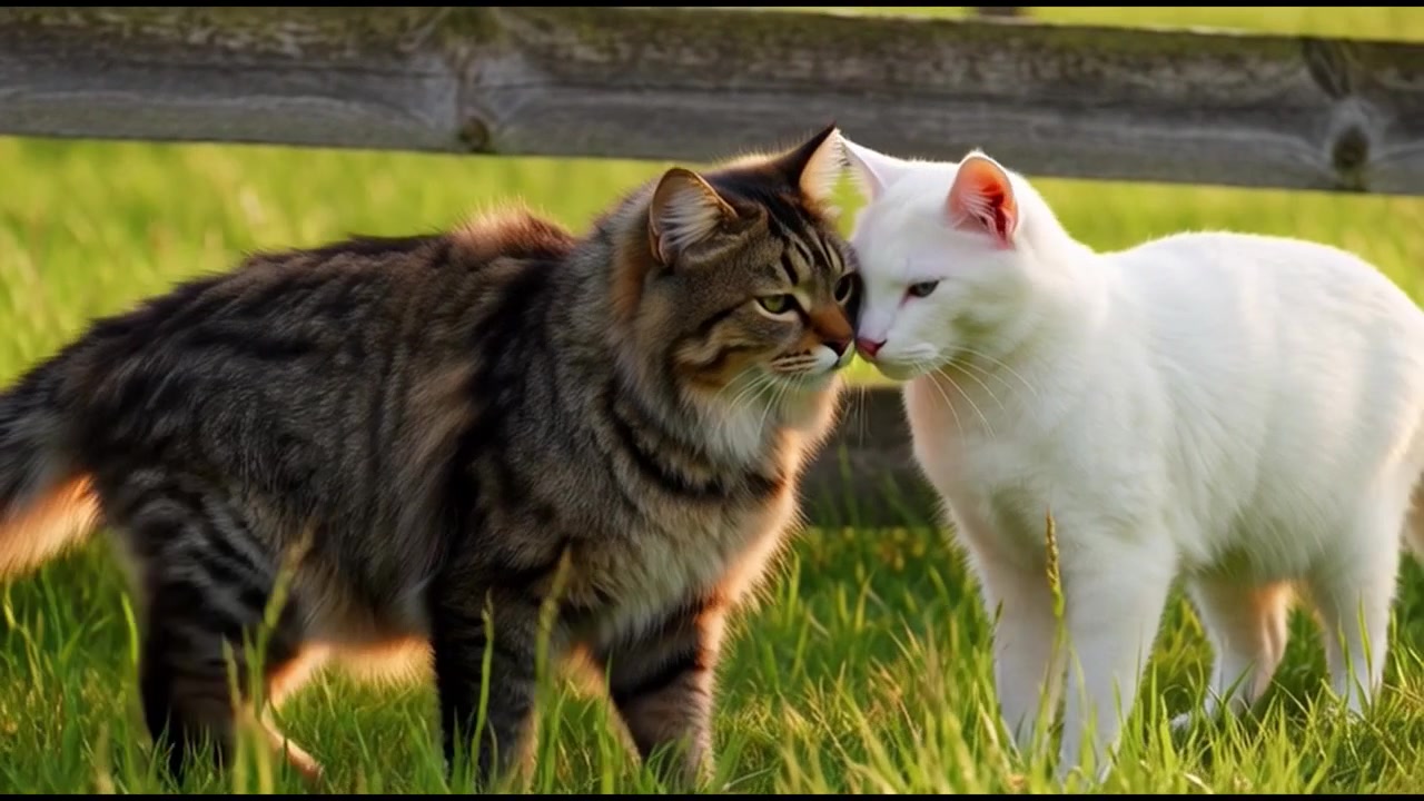 Due gatti che si coccolano in un campo erboso.