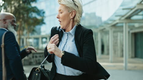 late, senior and a business woman running to work