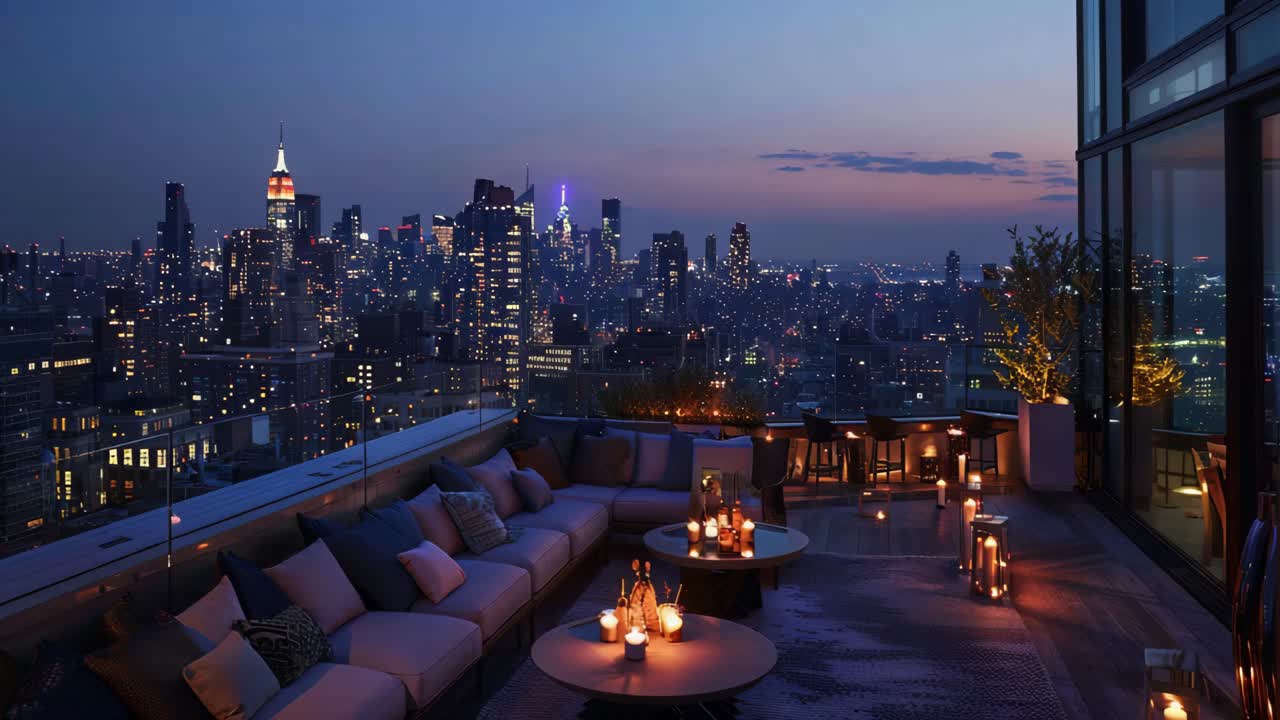 Luxury Rooftop Lounge with NYC City Skyline View at Night