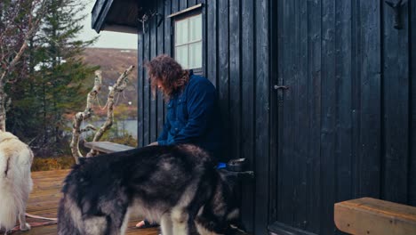 a man offers treats to his two dogs outside a rustic cabin in reinsjøen, åfjord, trøndelag, norway - close up