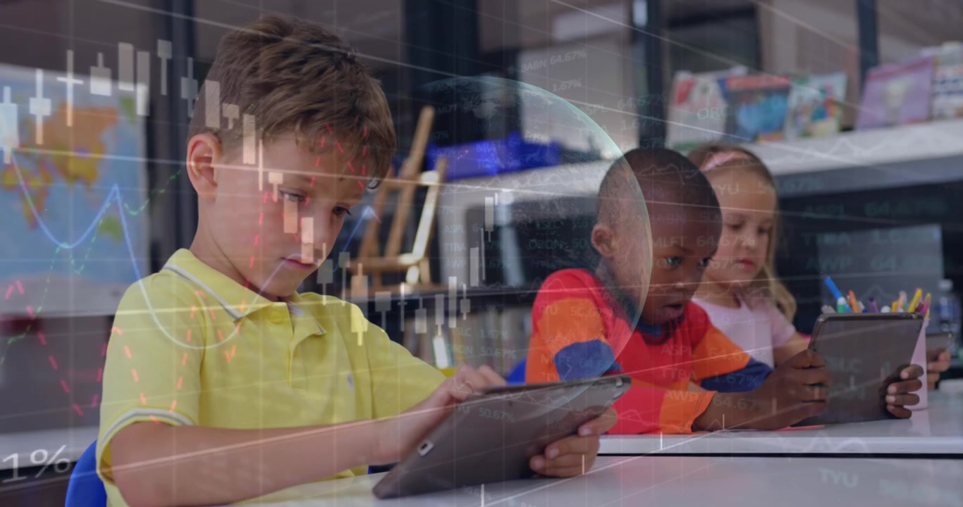 Animation of financial data processing and globe over diverse schoolchildren in class