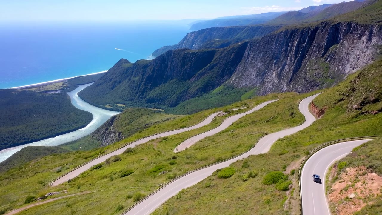 Skråt luftperspektiv, der viser en asfalteret tosporet bjergvej, der snor sig gennem stejle kystklipper, med en enkelt bil, der kører gennem skarpe sving over en flettet flod, strand og levende turkisblåt hav.
