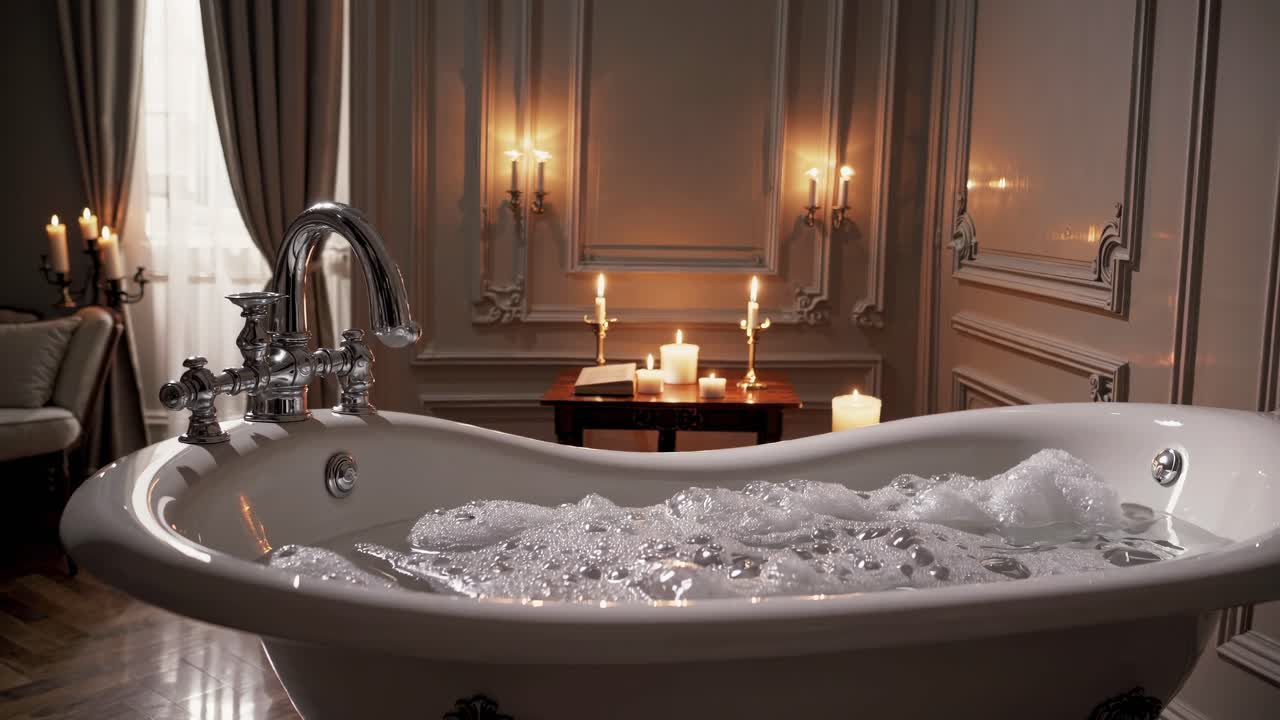Luxurious bathtub filled with bubbles in a dimly lit, elegant bathroom