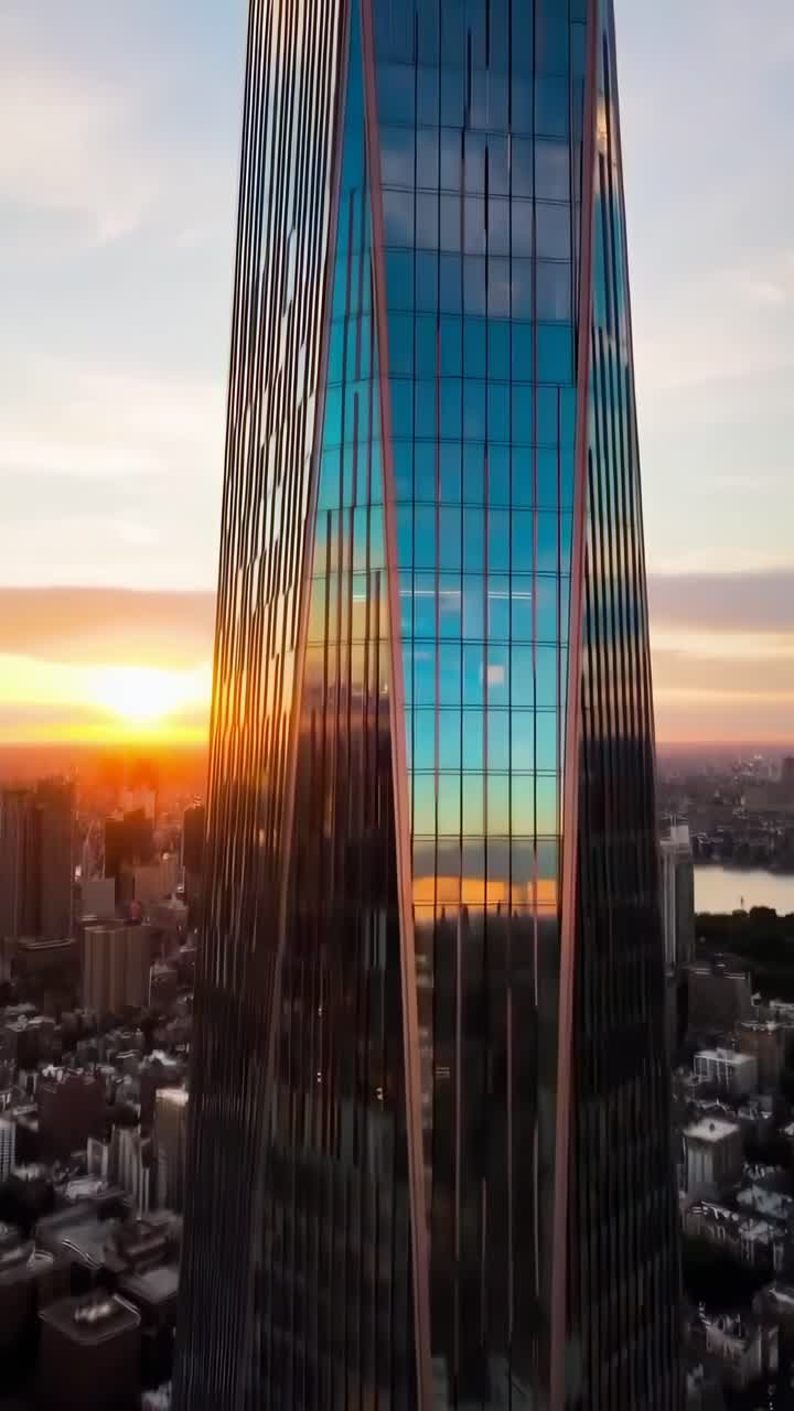 Aerial video of a modern skyscraper at sunset, capturing the city's reflection on glass