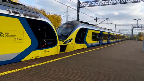 Moderner-Zug-Fährt-Auf-Den-Bahnsteig,-Skm-Danzig,-Universitätsbahnhof-Przymorze