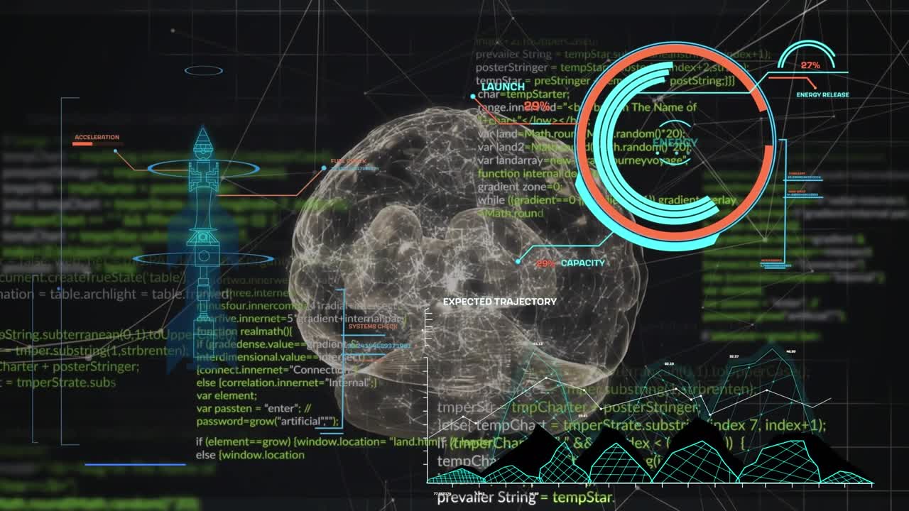 Animation of interface with data processing and network of connections over human brain icon