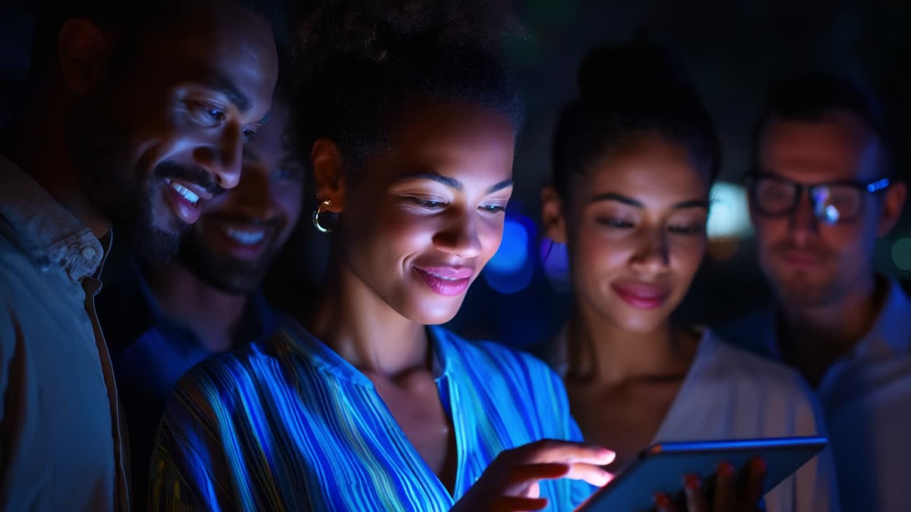 Engaged in Digital Connection: A Diverse Group of Friends Gather Around a Tablet, Sharing Laughter and Insights in a Vibrant Nighttime Setting, Capturing Moments of Joy and Curiosity