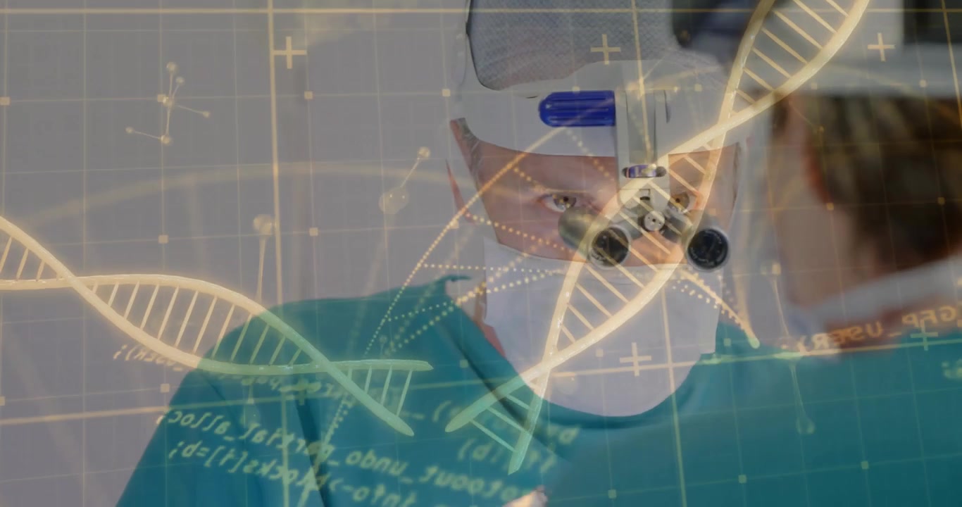 Surgeon adjusting loupes and analyzing health data overlay triggered by fading golden DNA helix