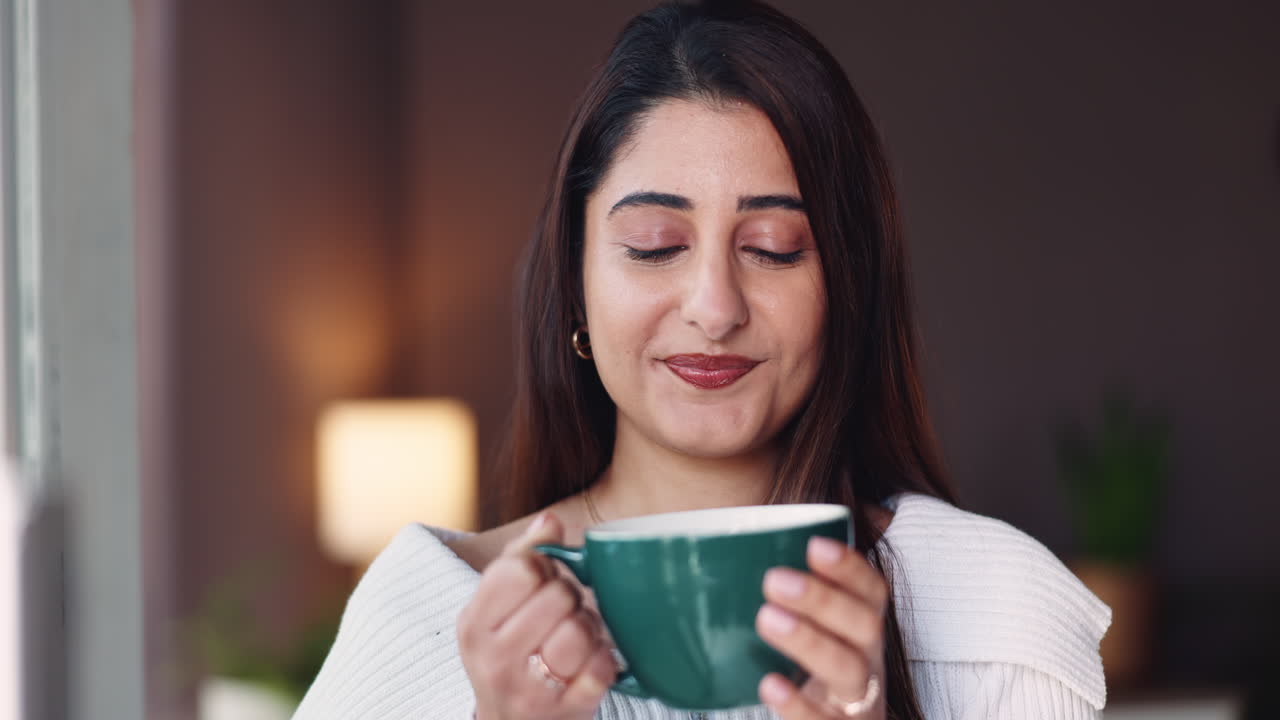 A happy woman drinking coffee