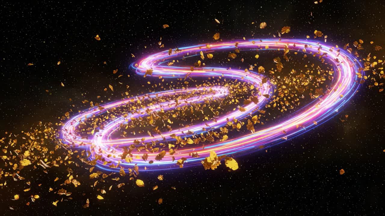 A Vibrant Display of Cosmic Energy: Glowing Spiral Trails with Shimmering Particles in a Deep Space Setting