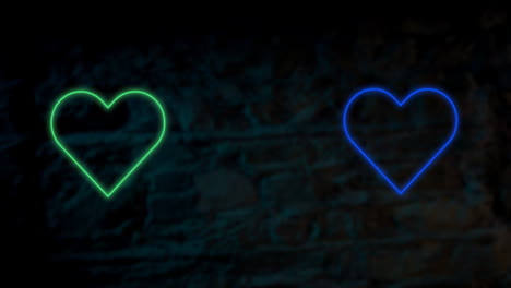 animation of green and blue neon hearts flashing on dark brick wall background