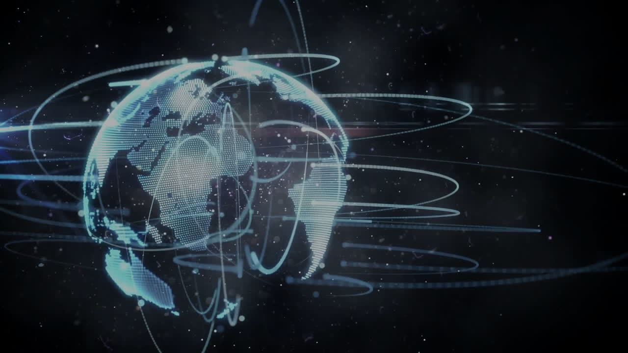 Animation of globe and connections with data processing over black background