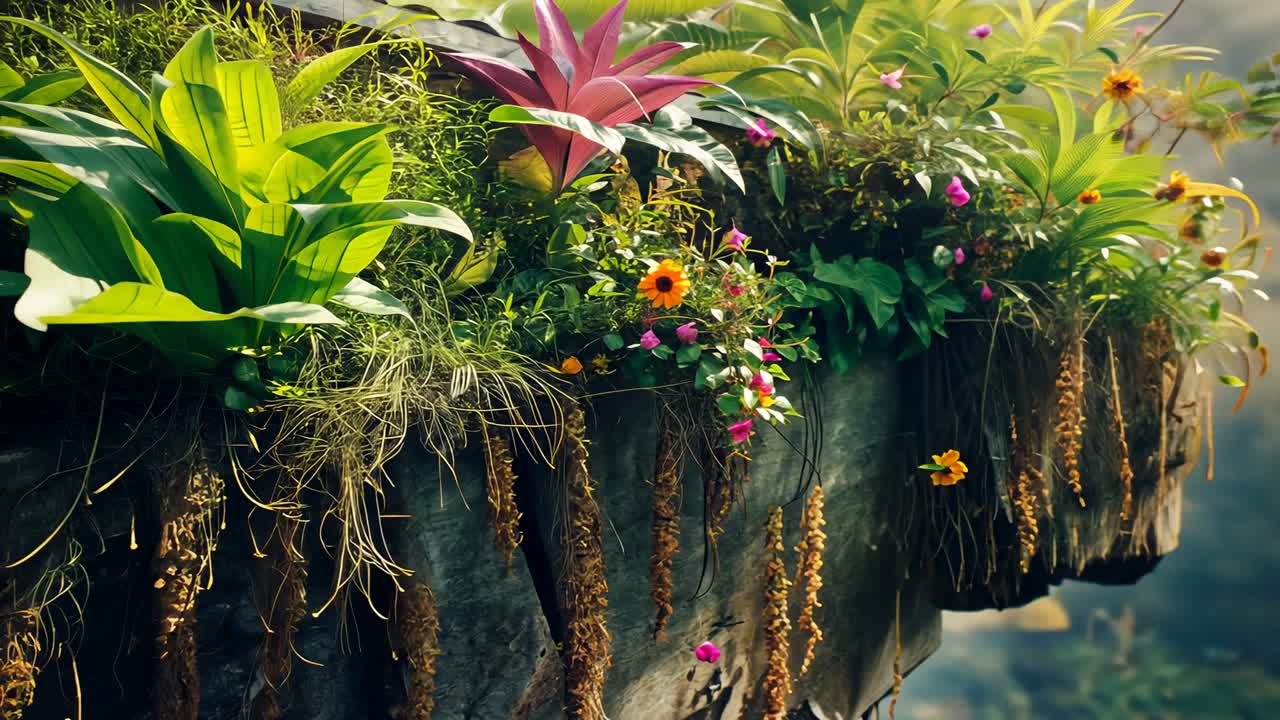 Camera panning left, revealing lush rock ledge with pink bromeliad, orange daisy, to show plants