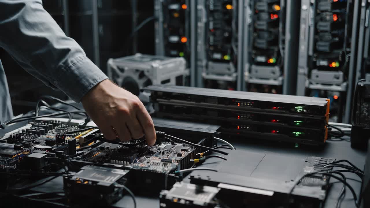 Technician working on computer hardware in a server room