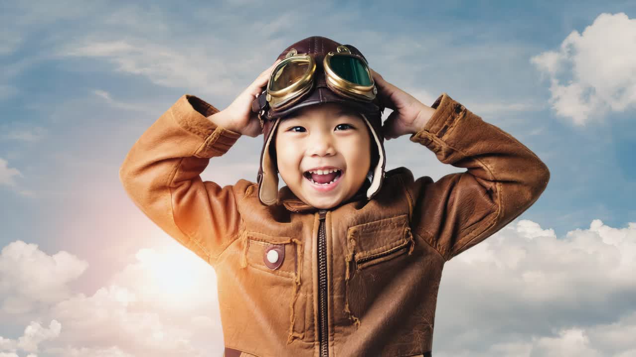 Boy dressed as vintage pilot dreaming of flying