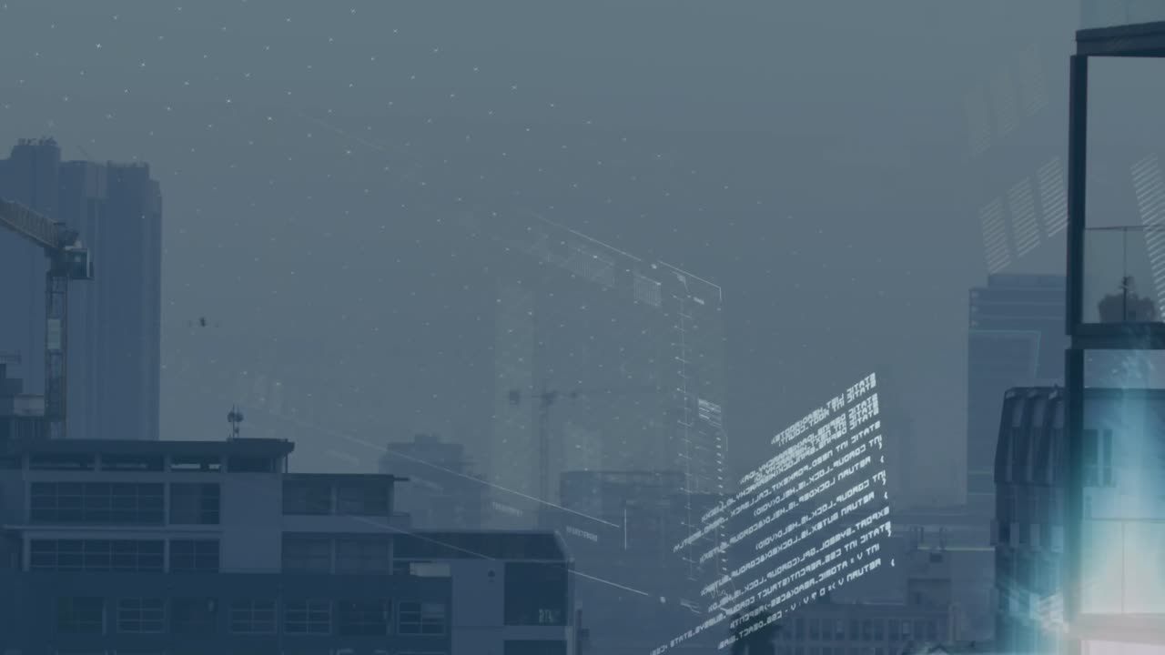 Animación de interfaz con procesamiento de datos y un punto de luz azul contra una vista aérea del paisaje urbano.
