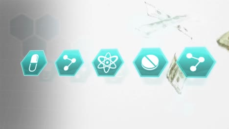 animation of medical icons over american dollar bills floating.