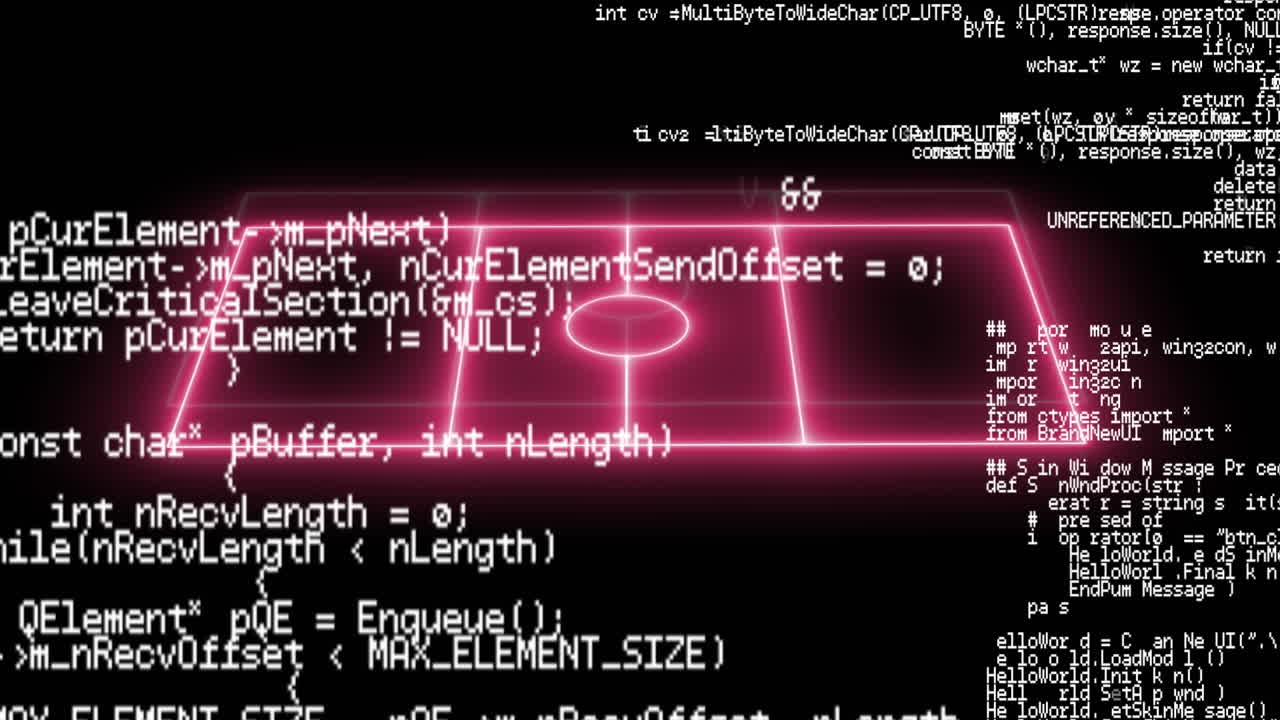 Animation of pink neon sports field and data processing