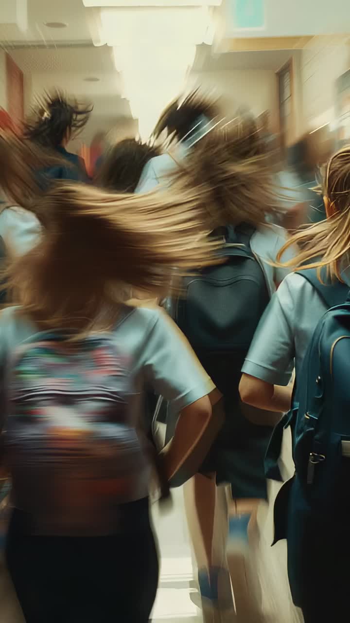Vertical video: Walking girl in blue uniform moving down school hall with backpack during passing