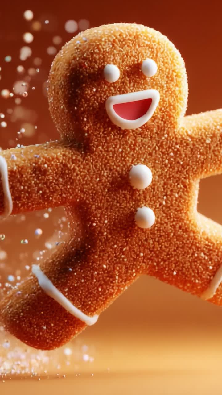 A joyful gingerbread man figure, energetically leaping through a colorful arena of sparkling sugar and festive bokeh lights, embodying the spirit of celebration and happiness during sweet holiday moments