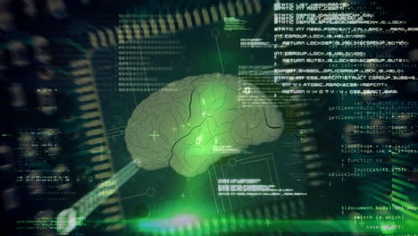 animation of data processing over human brain on dark background