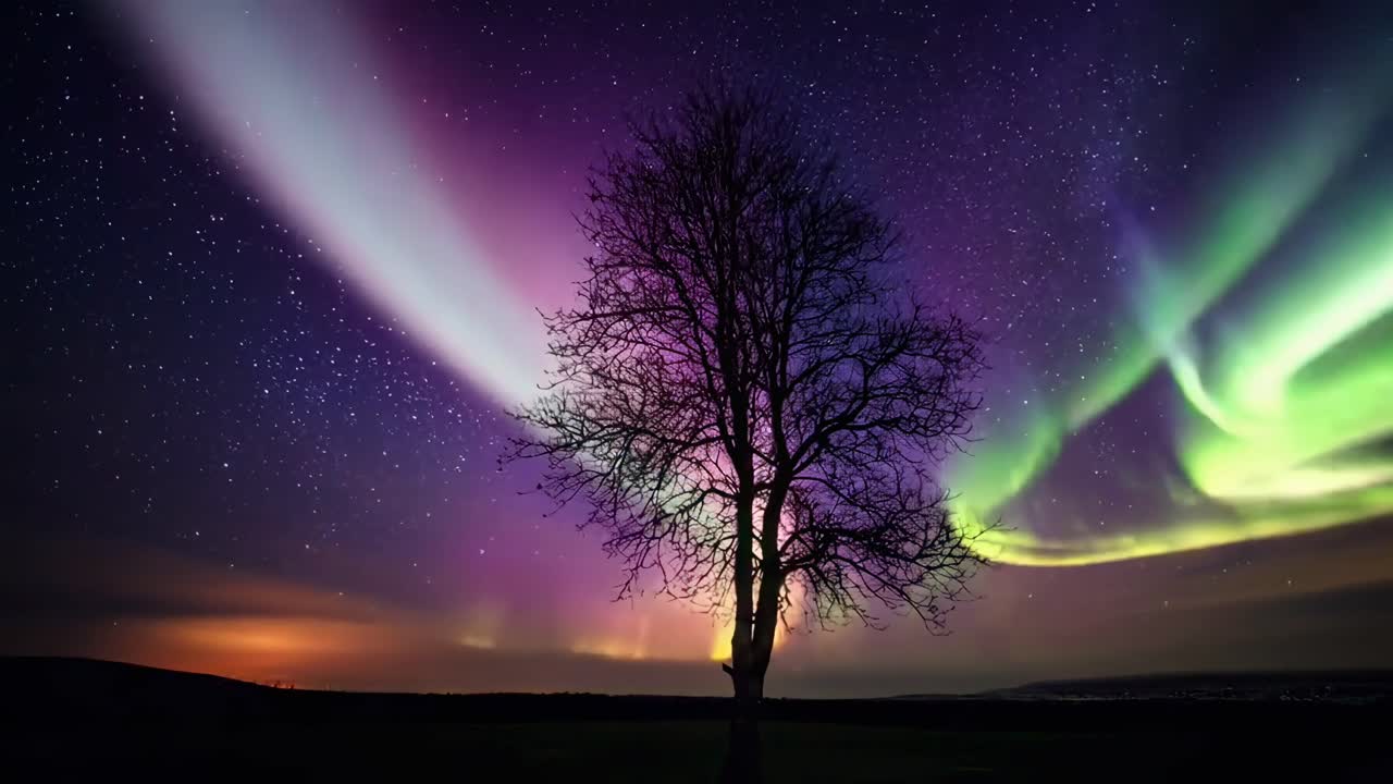 Un affascinante video grandangolare di un albero solitario stagliato contro vivaci aurore boreali.