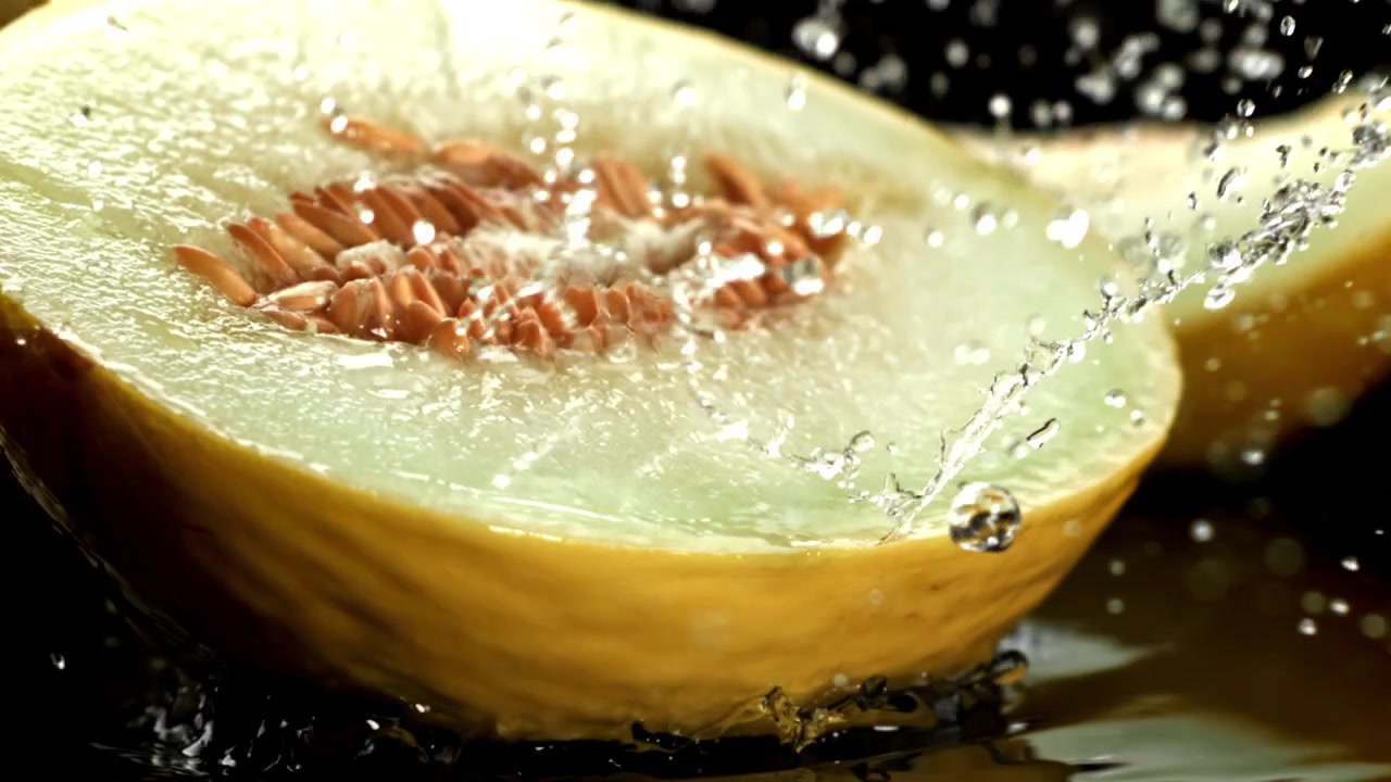 Water Splashing on a Fresh Halved Melon in Slow Motion