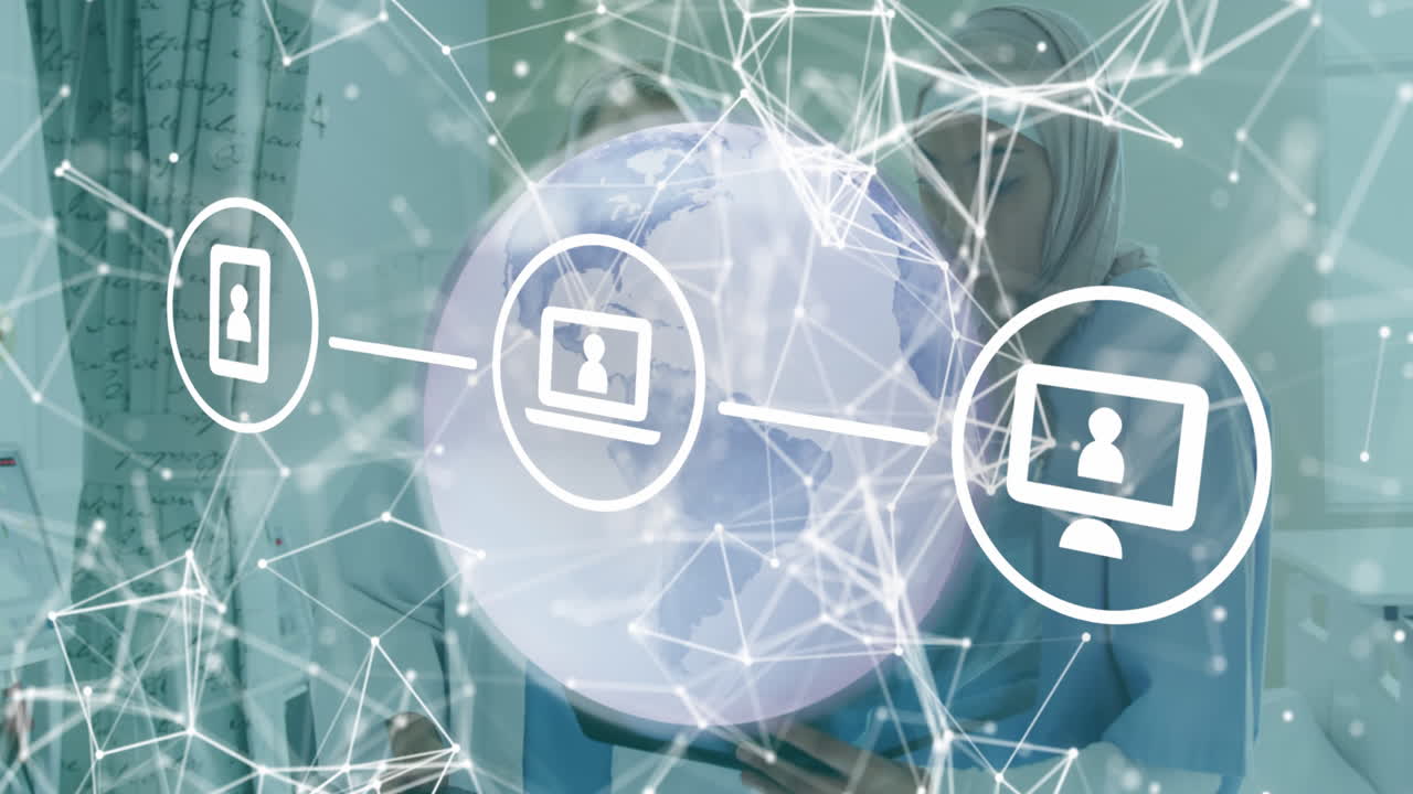 animación de una red de iconos digitales sobre una mujer caucásica que habla con un paciente masculino.