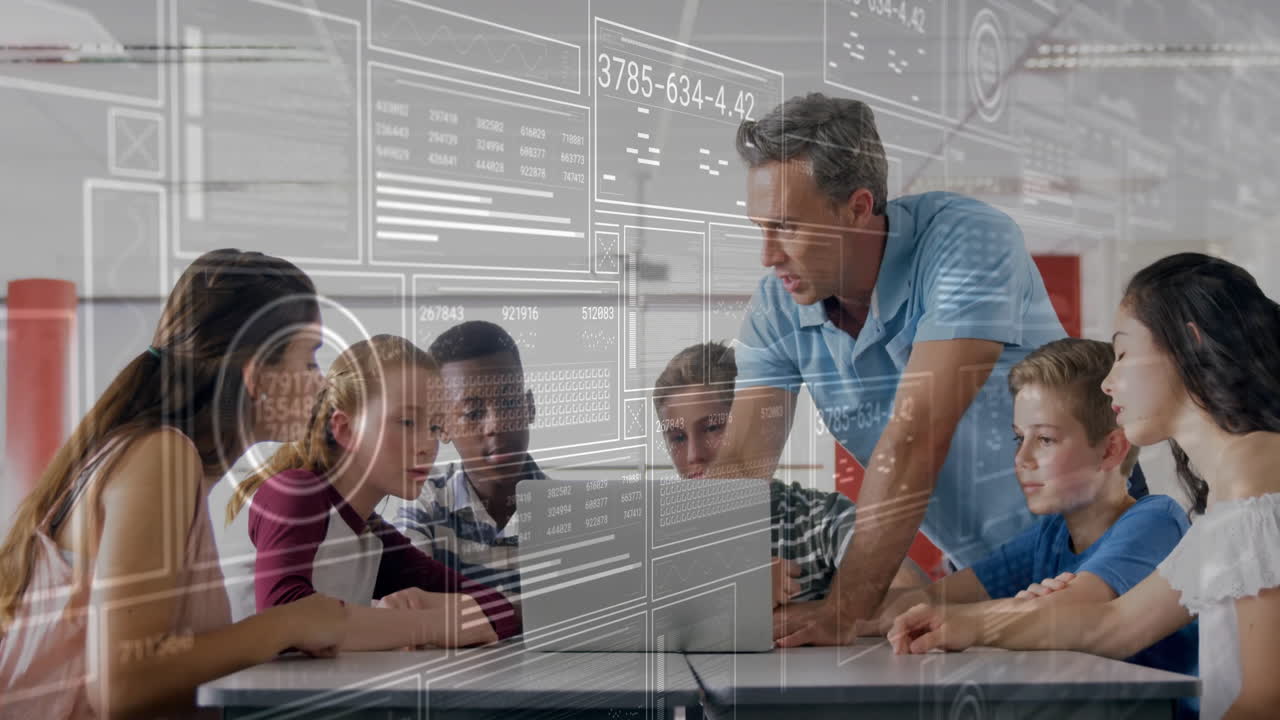 Teacher guiding students using laptop in modern classroom, projecting floating data graphics
