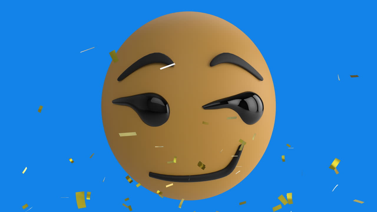animación digital de confeti dorado cayendo sobre emoji de cara sonriente contra un fondo azul