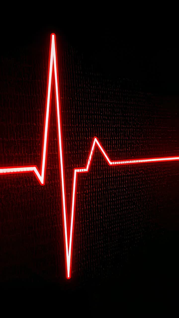 Video verticale: linea rossa al neon dell'ECG pulsante che si muove sullo schermo scuro all'avvio con scanline come impulso
