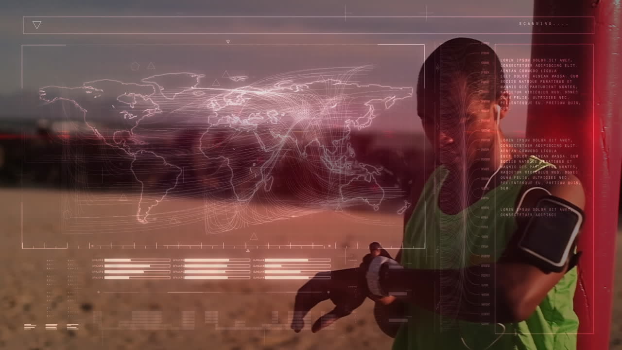 animación de la pantalla digital y el mapa del mundo sobre el hombre en forma comprobando el reloj inteligente