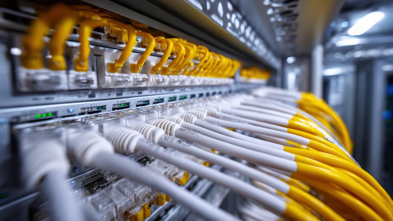 Close-up View of Network Infrastructure Featuring Yellow Cables in a Server Rack with Multiple Connections for Data Transfer and Communication Systems