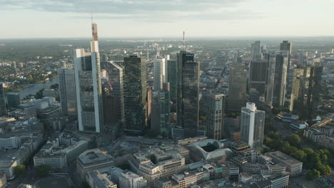 AERIAL:-Beautiful-Frankfurt-am-Main,-Germany-Cityscape-in-Soft-Summer-Afternoon-light-with-Green-Trees-with-Empty-Streets-due-to-Coronavirus-Covid-19-Pandemic-in-June-2020