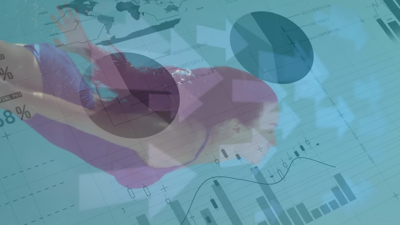 mujer nadando contra datos financieros en fondo azul