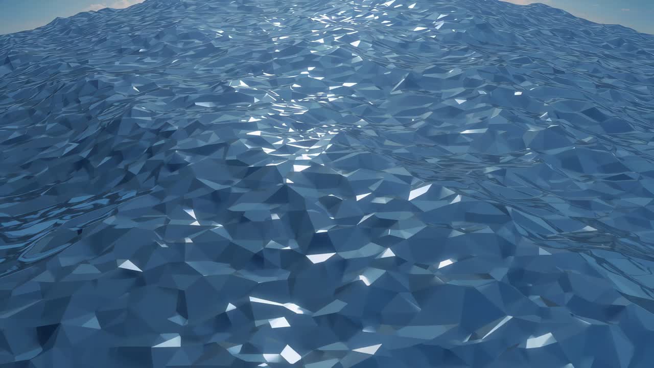 Luce solare che illumina un oceano poligonale in movimento, creando riflessi speculari e rivelando sfaccettature