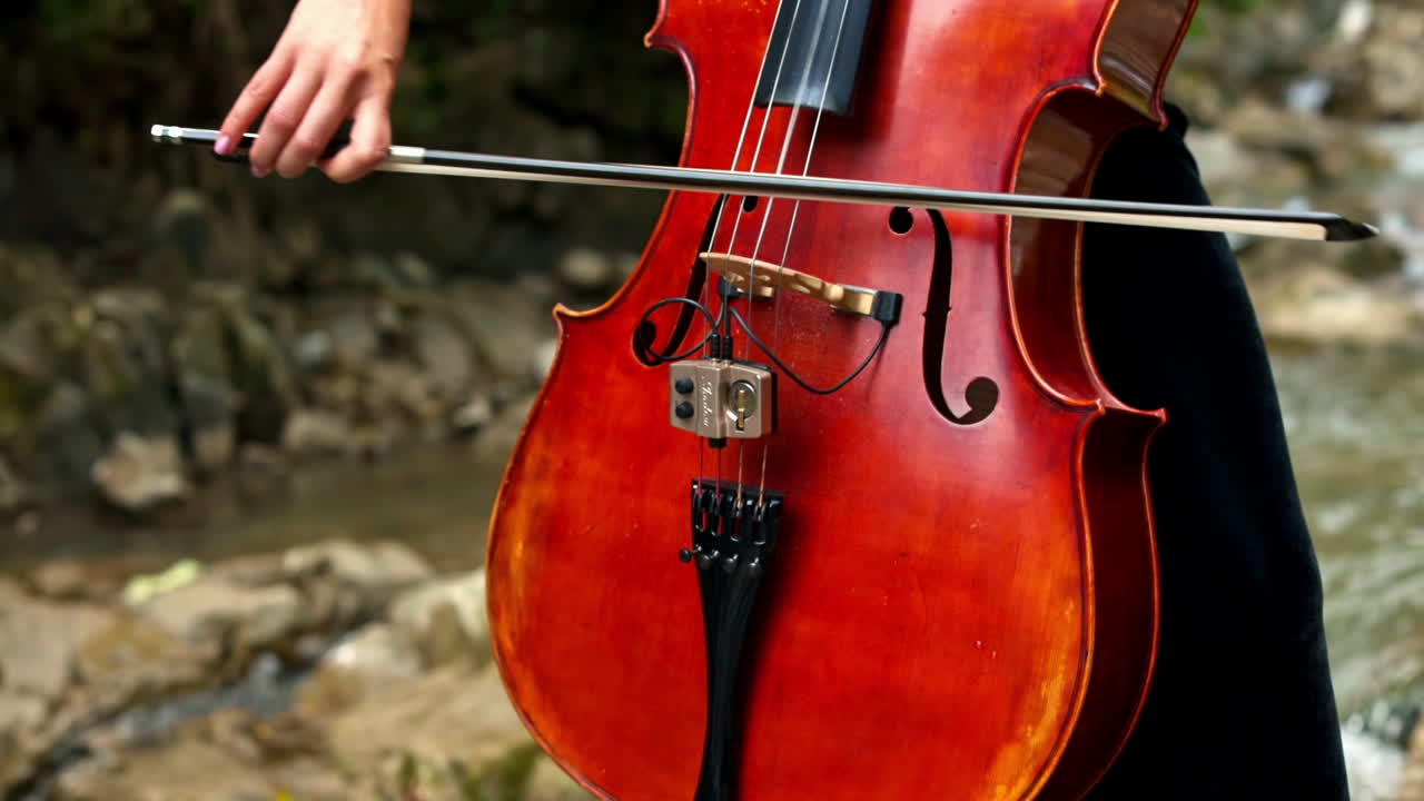 Red cello in woman's hands outdoors. Female cellist playing the musical instrument on nature background. Close-up.