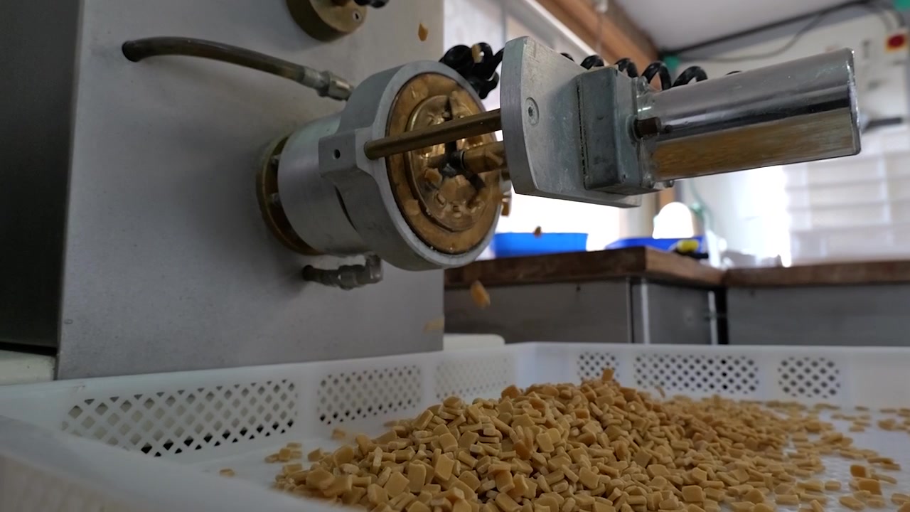 Leggera carrellata in avanti di un estrusore di pasta che espelle piccoli pezzi sagomati che si disperdono nell'aria prima di atterrare in un vassoio di plastica sottostante.