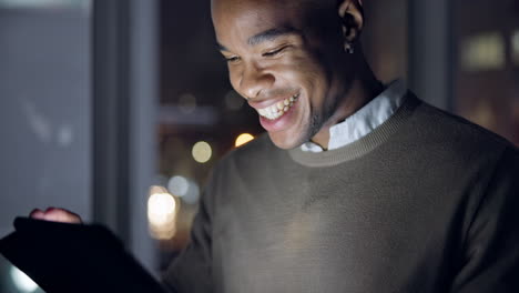 Business,-black-man-and-tablet-at-night-in-office