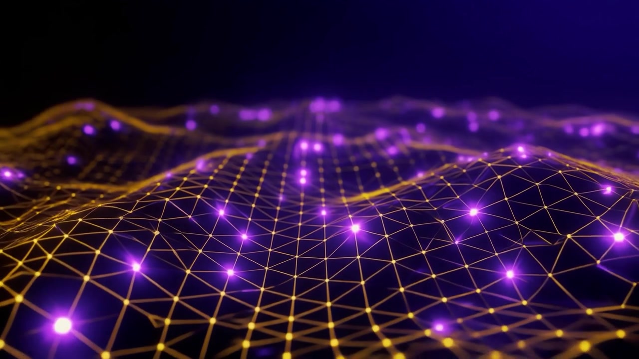 Abstract Digital Network Wave with Glowing Purple Nodes