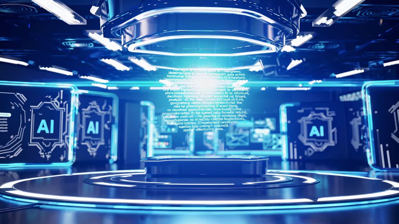 Futuristic AI-themed video with a high-tech, neon-lit style. The camera angle is low