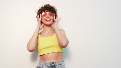 stylish woman with short curly hair