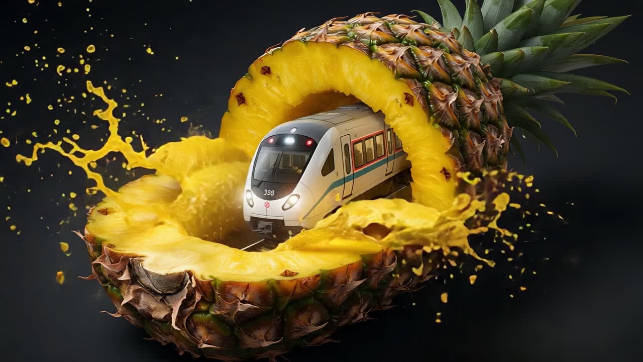An Artistic Fusion of Transport and Tropical Delight: A Train Emerging from a Juicy Pineapple, Surrounded by Splashes of Pineapple Juice, Showcasing Creative Imagination
