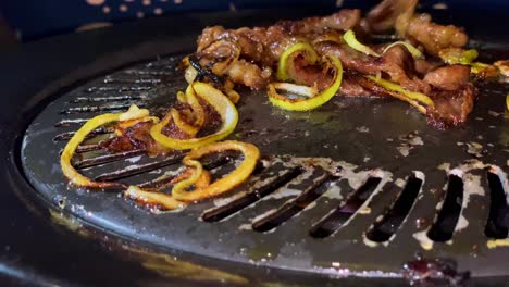 close up shot of meat are grilling on the pan