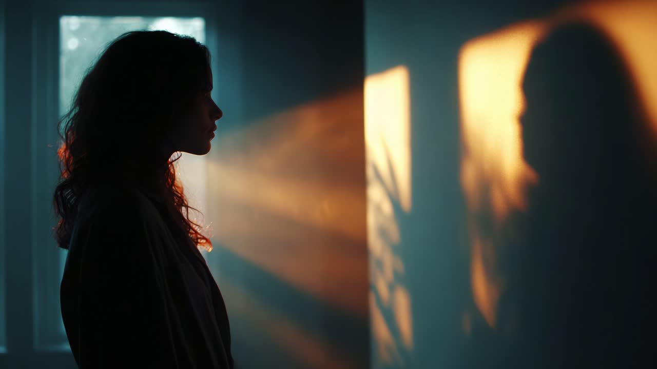 A Portrait of Contemplation: The Ethereal Light and Shadow Dance Around a Woman's Silhouette in a Serene Indoor Environment, Capturing a Moment of Reflection and Peace