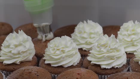 professional pastry chef piping white cream frosting onto chocolate cupcakes, crafting delicate swirls with precision and culinary artistry